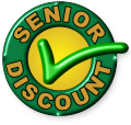 Senior discount logo with circular design and check mark